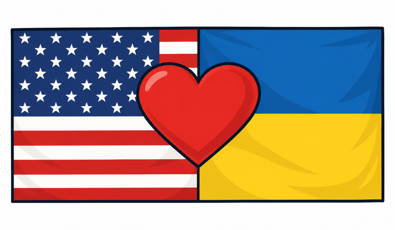 American flag on the left and Ukrainian flag on the right, with a heart centered around a five-dollar donation